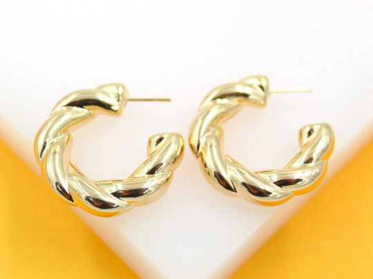 18K Gold Filled Thick Twisted Hoops Post Earrings