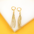 A pair of elegant gold chain tassel earrings rests against a white and yellow background.