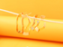 Two pairs of gold geometric hoop earrings hang delicately from a wooden stick against a bright yellow background.