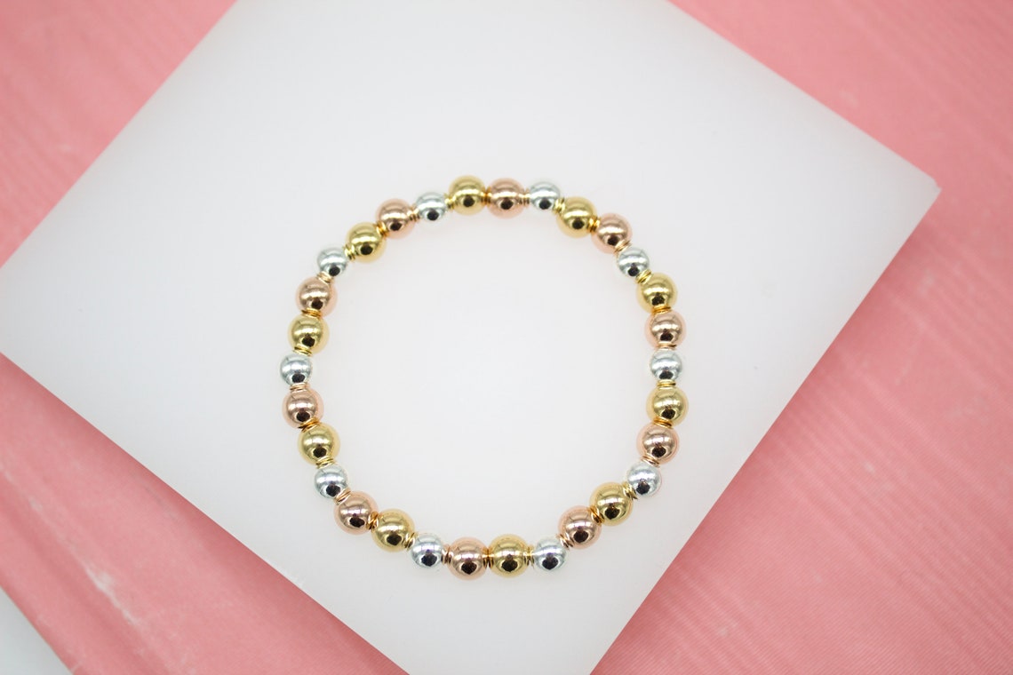Three Toned Gold, Rose Gold, Silver Bead Bracelet | Gold Filled Beaded Bracelet (I51-53)