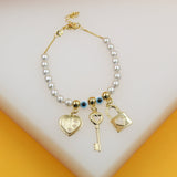 18K Gold Filled Pearl Adjustable Bracelet with Heart & Lock Charms (I278)