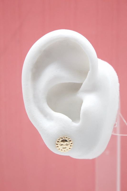 A white model ear displays a small gold sun stud earring against a pink background.