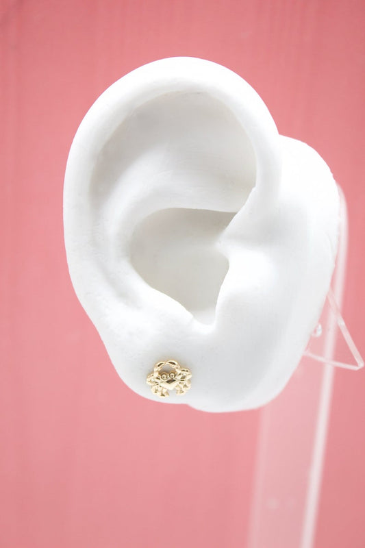 A white model ear displays a small gold crab stud earring against a pink background.