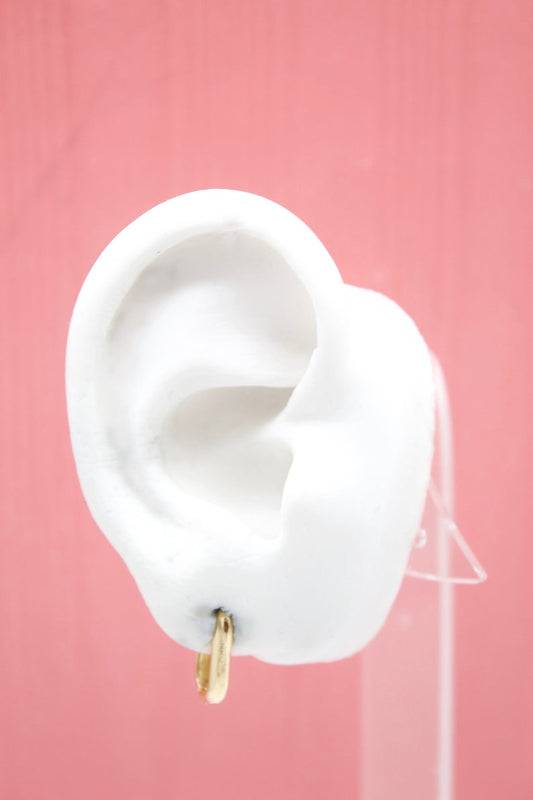 A white mannequin ear displays a small gold hoop earring against a pink background.