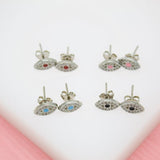 18K Gold And Rhodium Filled Evil Eye Stud Earrings With Clear CZ Stones