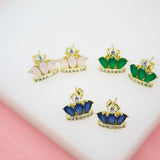 18K Gold Filled Crown Stud Earrings With Blue, Green, Pink CZ Stones