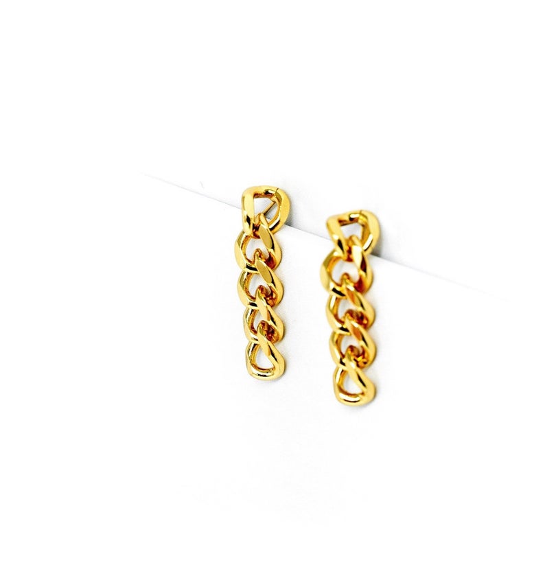 Two polished gold chain link earrings rest against a clean white background.