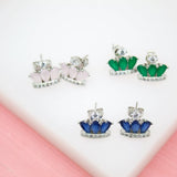 18K Gold Filled Crown Stud Earrings With Blue, Green, Pink CZ Stones