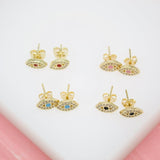 18K Gold And Rhodium Filled Evil Eye Stud Earrings With Clear CZ Stones