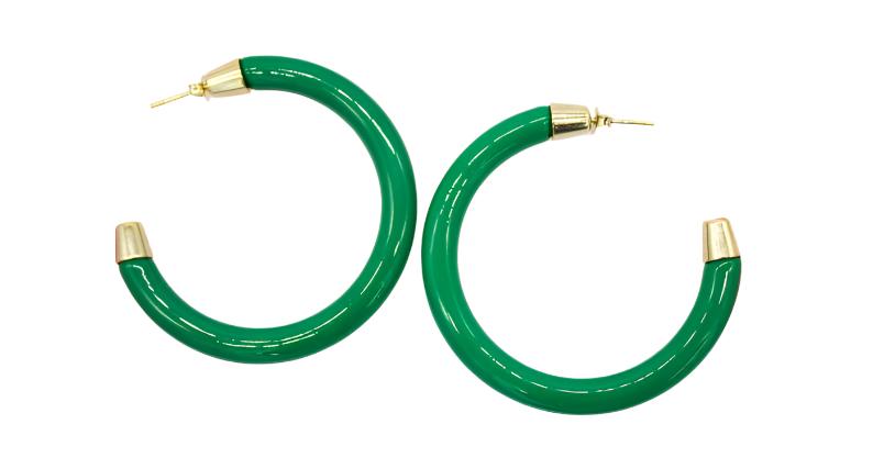 A pair of glossy green hoop earrings with gold hardware rests on a white background.
